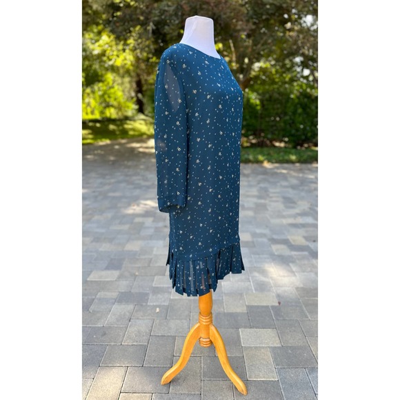 Vintage 90s Teal Drop Waist Dress Retro 20s 30s Fall Winter Modest Church Petite - Picture 5 of 13